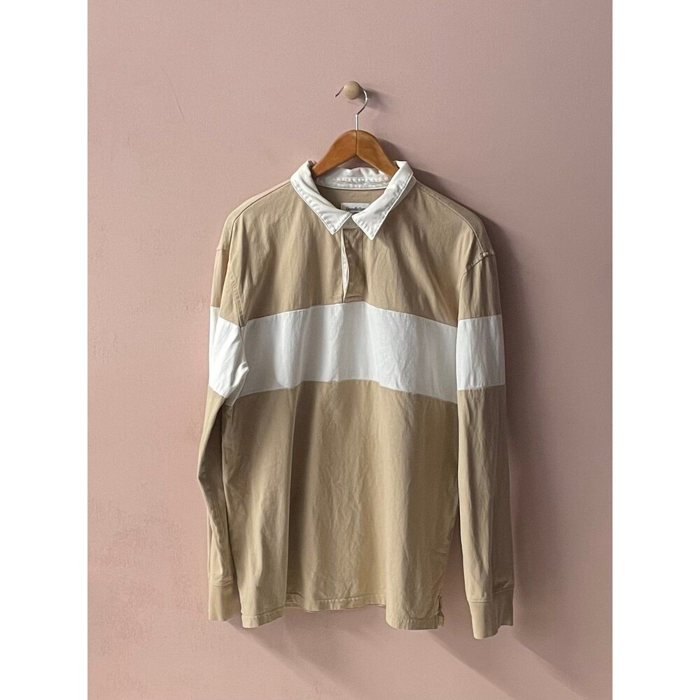 Goodfellow Men's Tan and White Striped Rugby Long Sleeve Shirt Size L